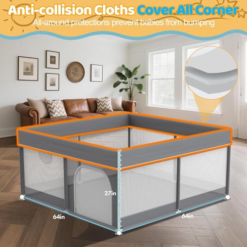 Grey Baby Playpen - Full Cover Anti-Collision Cloth Playard | 64"x64" Modern Safety Center for Infants