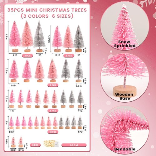 DomeStar 35PCS Mini Christmas Tree, Miniature Christmas Table Decorations 6 Sizes Small Sisal Snow Frost Bottle Brush Trees with Wooden Base for Party Home Crafts Decoration (Pink/Silver)