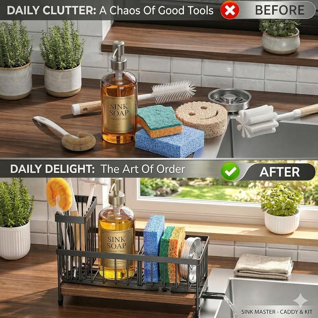 ✪®Premium Kitchen Sink Organizer Caddy - Extra Large Stainless Steel Sponge Holder & Soap Dispenser Tray (Black)