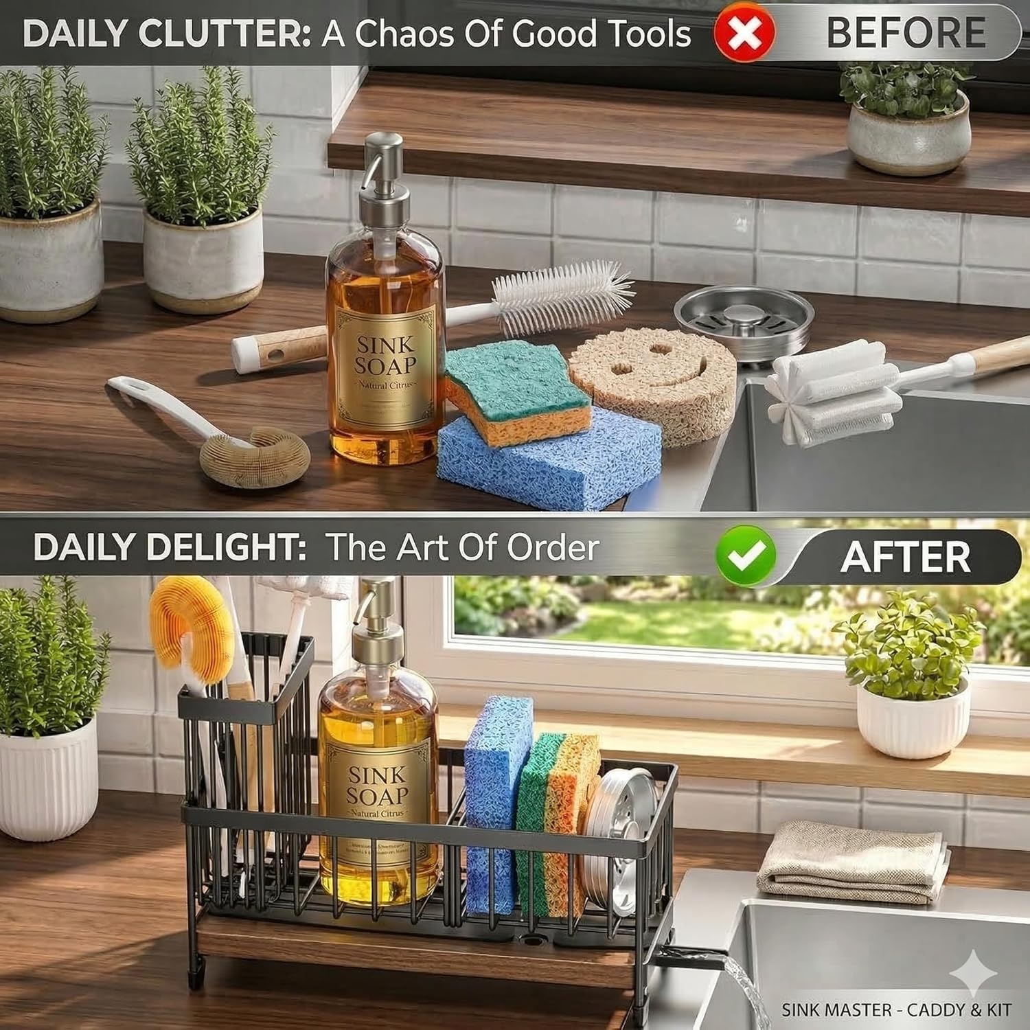 ✪®Premium Kitchen Sink Organizer Caddy - Extra Large Stainless Steel Sponge Holder & Soap Dispenser Tray (Black)