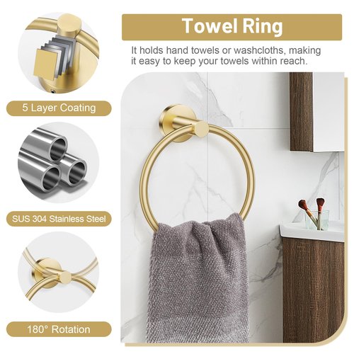 Lairuier Brushed Gold Towel Holder Set Include Double Bases Toilet Paper Holder,Towel Ring and 2 Towel Hooks Stainless Steel Wall Mounted Bathroom Hardware Accessories Set
