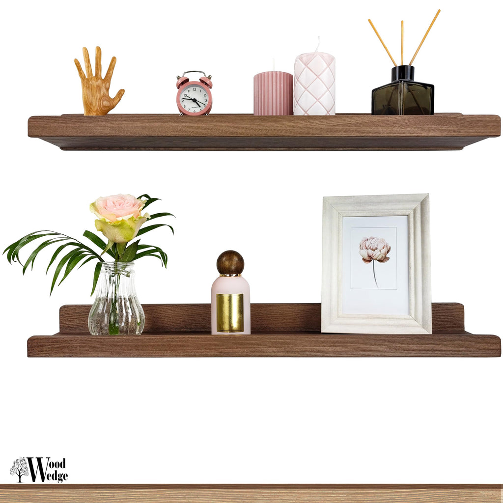 Floating Shelves for Wall 24 inch, Waterproof, Wall Storage Shelves with Lip, Display Picture Ledge Shelf for Photo Frame, Natural Wood Hanging Book Shelves (American Walnut, Set 2)