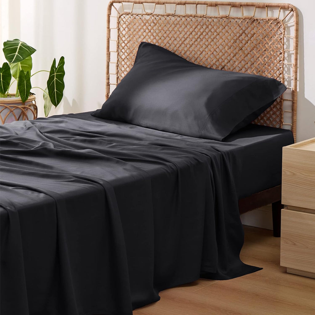 Bedsure Cooling Twin XL Sheets - Breathable Rayon from Bamboo, Soft & Silky, Deep Pocket Up to 16 Inches, Black