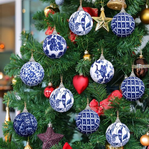 Preboun 12 Pcs Christmas Chinoiserie Ball Ornaments Blue and White Chinoiserie Tree Decoration Christmas Tree Hanging Ornaments Fabric Wrapped Home Xmas Decor for Modern Party (Blue,1.97 Inch)