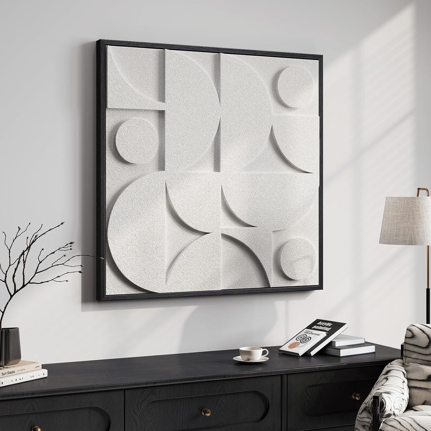 Regine Switzerland Large 3D Textured Framed White Abstract Wall Art - Modern Geometric Design 30x30 In