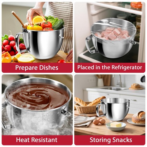 6QT Stainless Steel Mixer Bowl with Handle Compatible with KitchenAid Bowl Lift Stand Mixers KD2661, KL26M, KP26M1, KP26M8, KP26N9, KV25G, KV25M. Food Grade Mixing Bowl for 6QT Kitchen Aid Lift Mixers