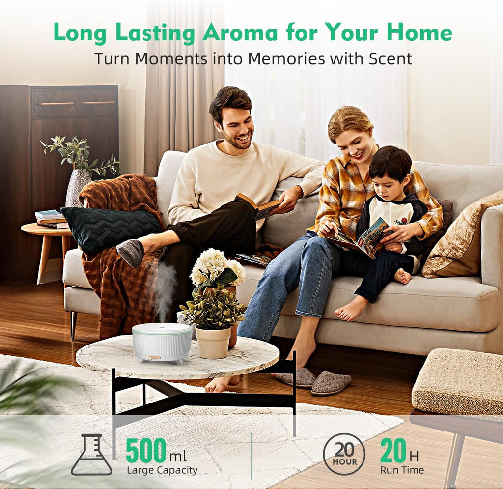 Skiennix 500ML Essential Oil Diffuser - 20-Hour Aromatherapy with Remote Control, 7 Color Lights | Minimalist White