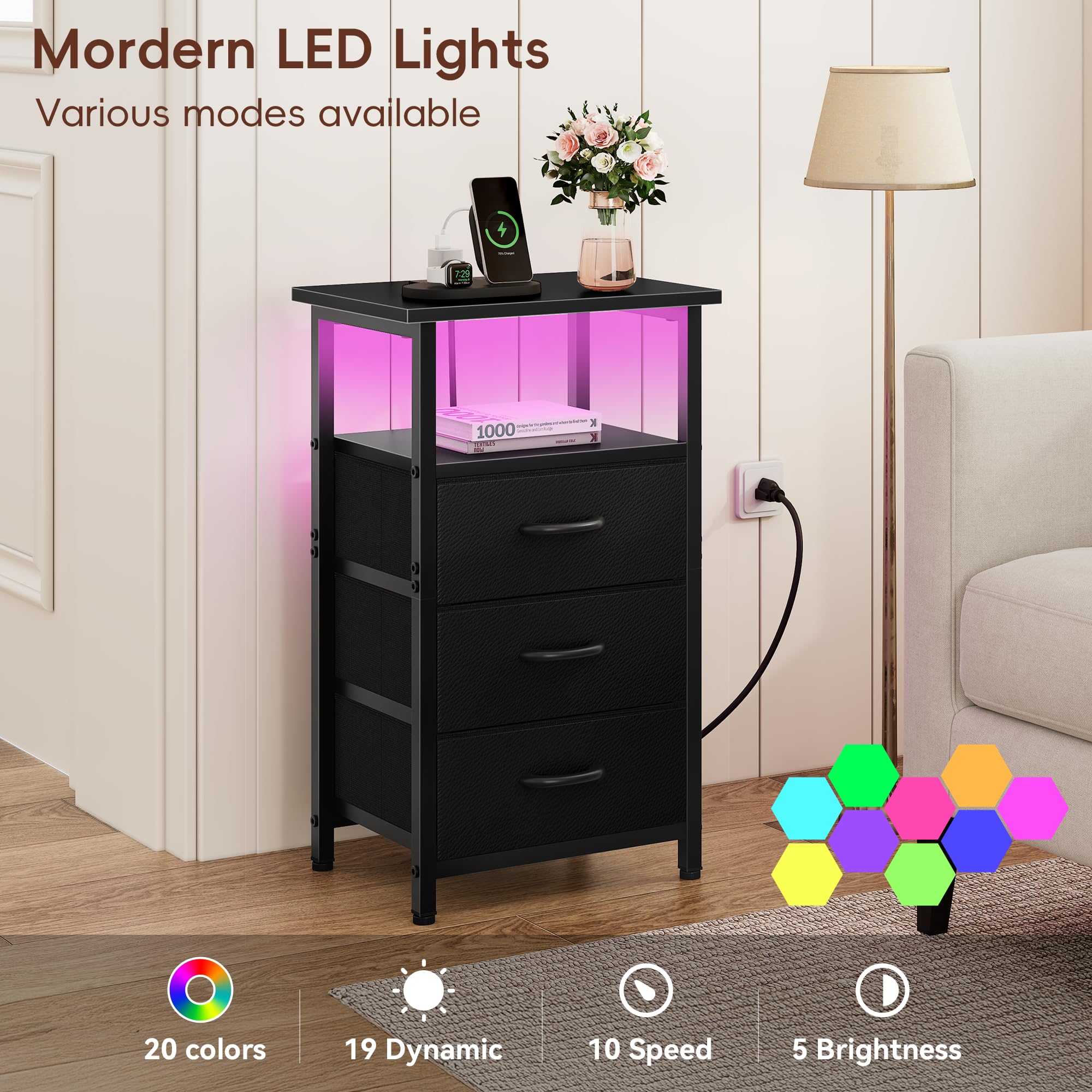 Vagusicc Night Stand Set 2 with Charging Station, LED Nightstand for Bedroom, Bedside Table with 3 Fabric Drawers, End Table Side Table with USB Ports & Outlets, Bed Side Table for Bedroom, Black