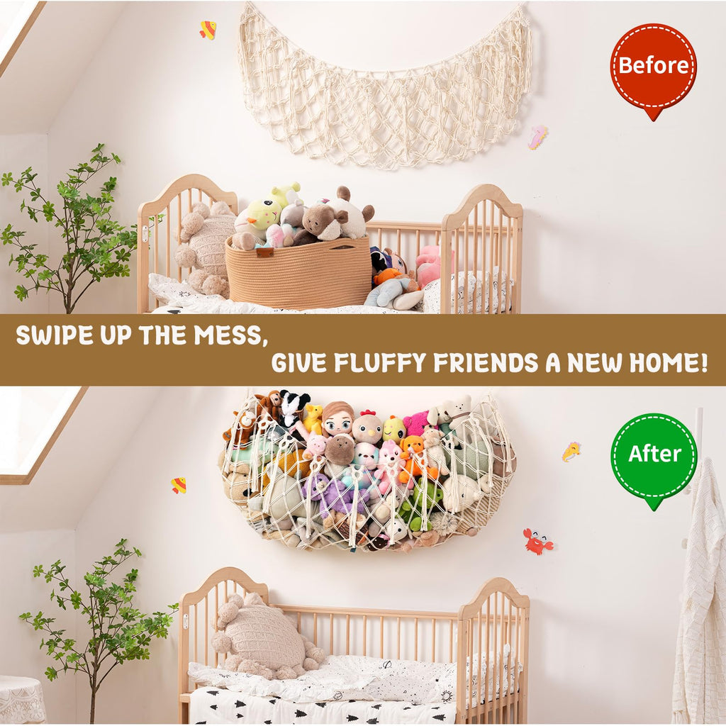 MKO SHUN Large Stuffed Animal Hammock, 59'' L Wall Hanging Net for Stuffed Animal Storage, Boho Macrame Toy Net Hammock for Kids Girls Bedroom Playroom Nursery Decor Plushie Teddy Bear Storage - Cream