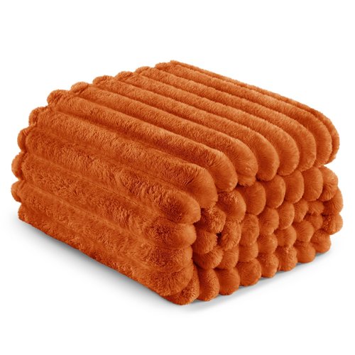 Exclusivo Mezcla Fleece Throw Blanket for Couch, Super Soft Striped Jacquard Bed Blanket, Lightweight Fuzzy Cozy for All Seasons, 50x60 Inches, Burnt Orange