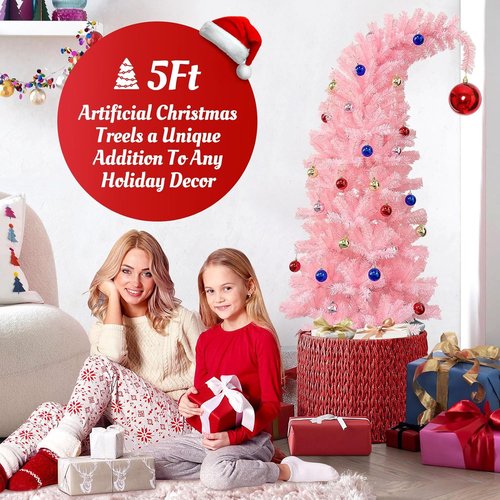 Hatisan 5FT Pink Christmas Tree - Artificial Design with Ball Ornaments & Metal Base for Holiday Decor