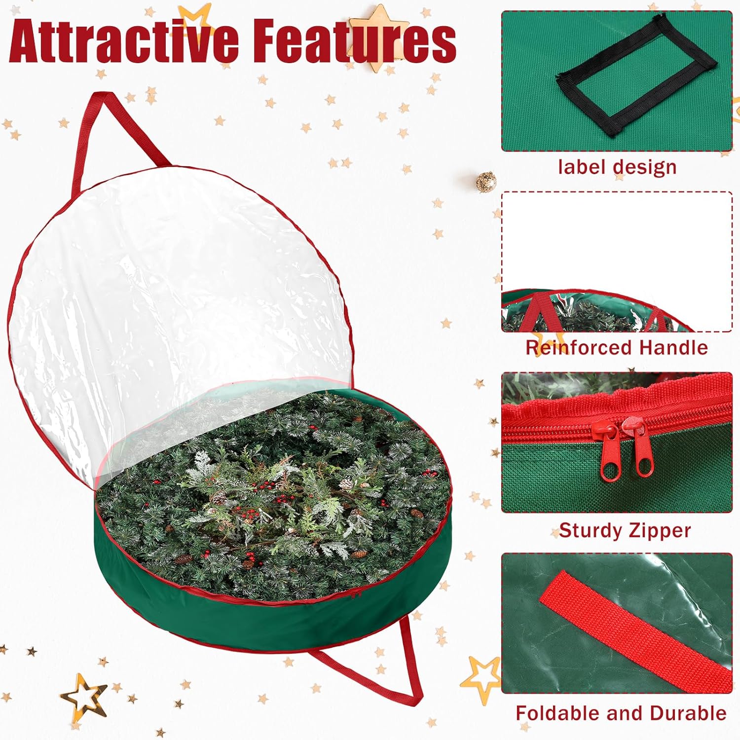 Abbylike Extra Large Christmas Wreath Storage Bag - Clear Zippered Container with Handles | 48'' Green