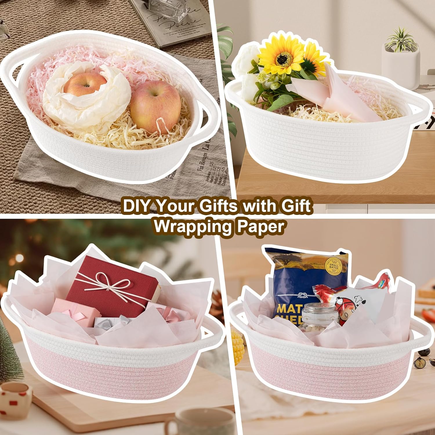 OIAHOMY Small Woven Gift Basket - 12"x8"x5" with Handle, Ribbon & Tissue Paper | Pink & White Dog Toy Organizer