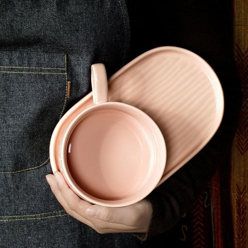 Artena Soup and Sandwich Plate Combo - 16 oz Ceramic Bowls with Handles & 9.85-inch Glazed Plates | Soft Pink