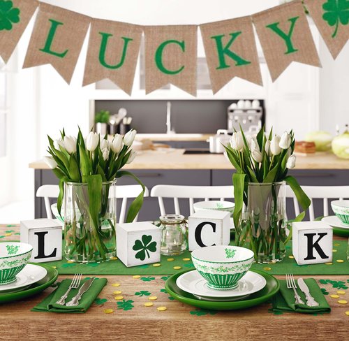 Gift Boutique St. Patrick's Day Decor Set of 4 Luck Wooden Block Clover Cube Signs Mantle Shelf Tiered Tray Decoration