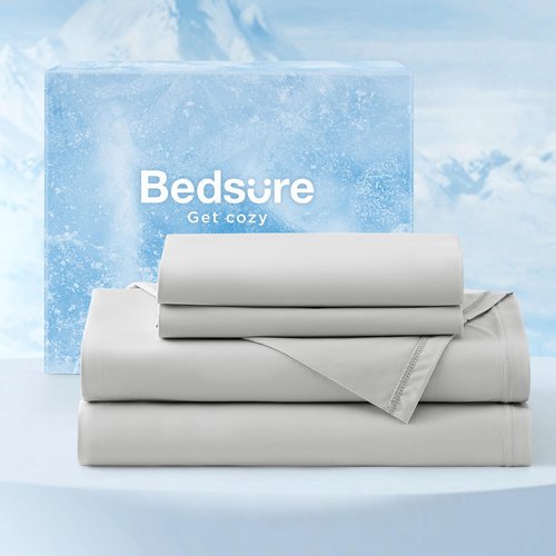 Bedsure Cooling Sheets Queen Size, Cooling Bed Sheets for Hot Sleepers, Chill Cool Sheet, Deep Pocket Up to 18 Inches, Soft & Breathable Queen Sheet Set, 4 Pieces, Grey