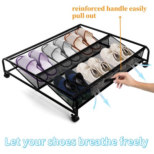 Goaste Under Bed Shoe Storage Organizer with Wheels, Rolling Underbed Storage Containers, Metal Shoe Rack Drawer Space Saving for Bedroom Organization, Shoes, Toys (Black)