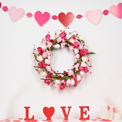 MAINGKAUNG Valentines Day Decorations 20 Inch Valentine's Day Wreath Pink Valentine Wreaths for Front Door with Red Love Heart Berries Pink Tulips Wedding Anniversary Decor