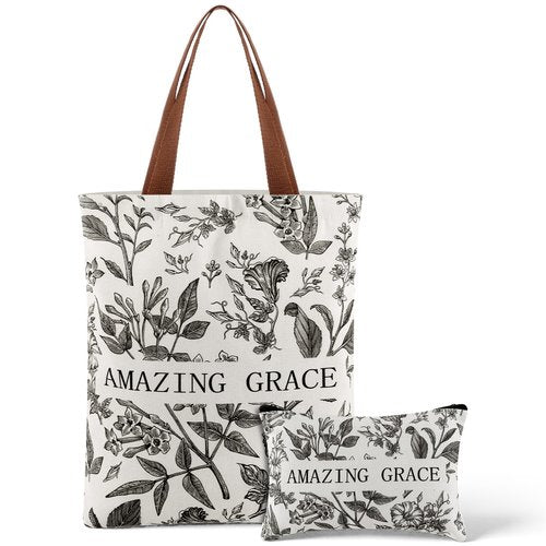 SilTriangle 2 Pcs Christian Tote Bag for Women Gift Canvas Bible Verse Tote Religious Teacher Church Scripture Faith Bags(Amazing Grace)