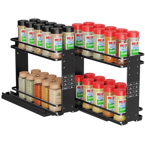Nieifi Pull Out Spice Rack Organizer, 2 Tiers, Black, Spice Organization for Cabinet, Height Adjustable, Easy to Install