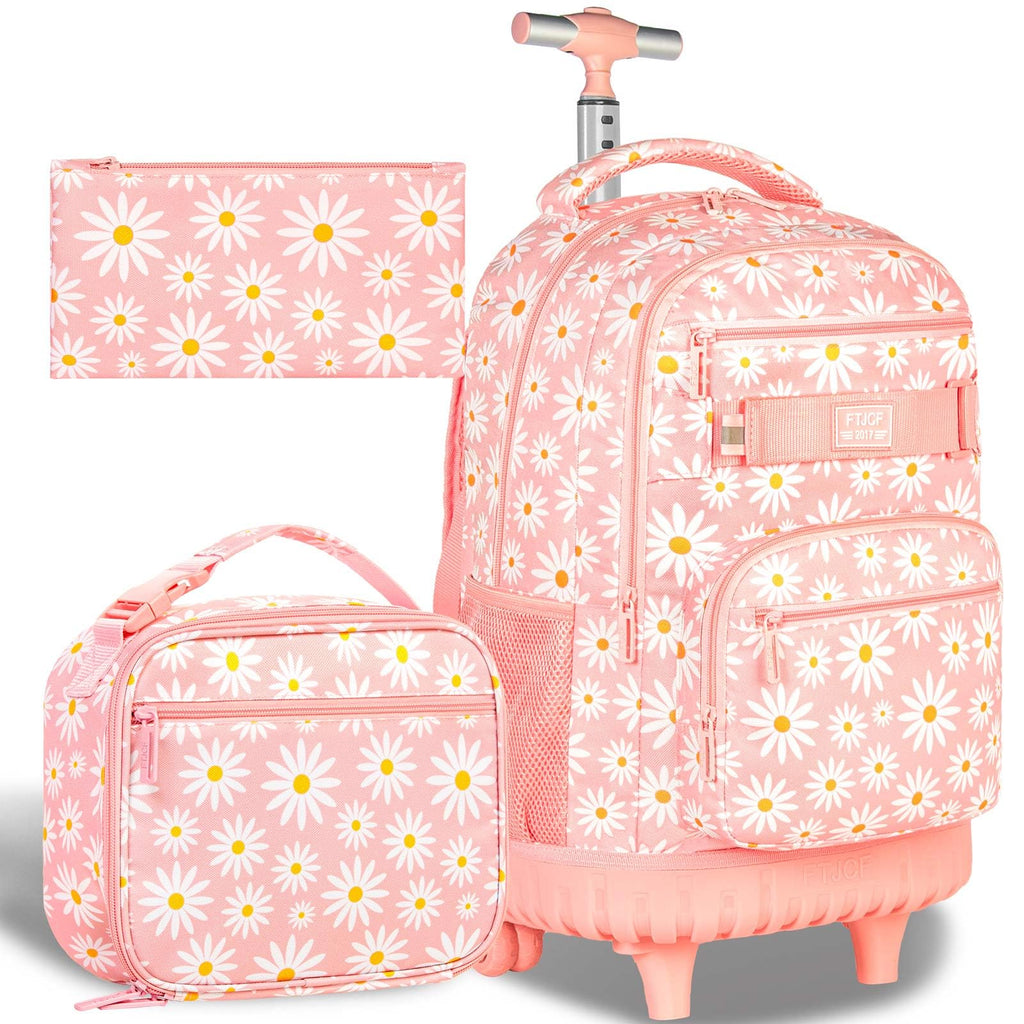 AGSDON Rolling Backpack for Girls, Women Roller Wheels Bookbag, Laptop Daisy Wheeled School Bag with Wheels for Teens