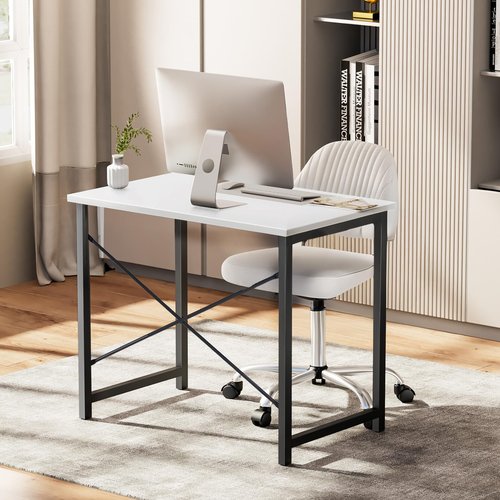 Sweetcrispy Small Computer Desk,32 Inch Office Writing Work Desk with Metal Frame Wooden Tabletop, Student Study Home Bedroom Table with X-Shaped Reinforcement, Black Leg White Top