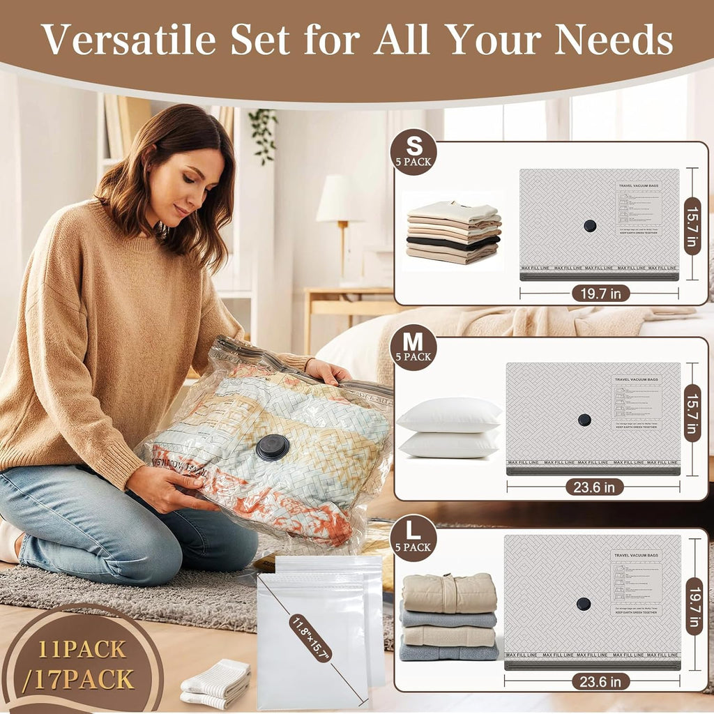 QcoQce Vacuum Storage Bags - Rechargeable Electric Pump for Space-Saving Travel & Seasonal Storage | Ideal for Clothing & Bedding