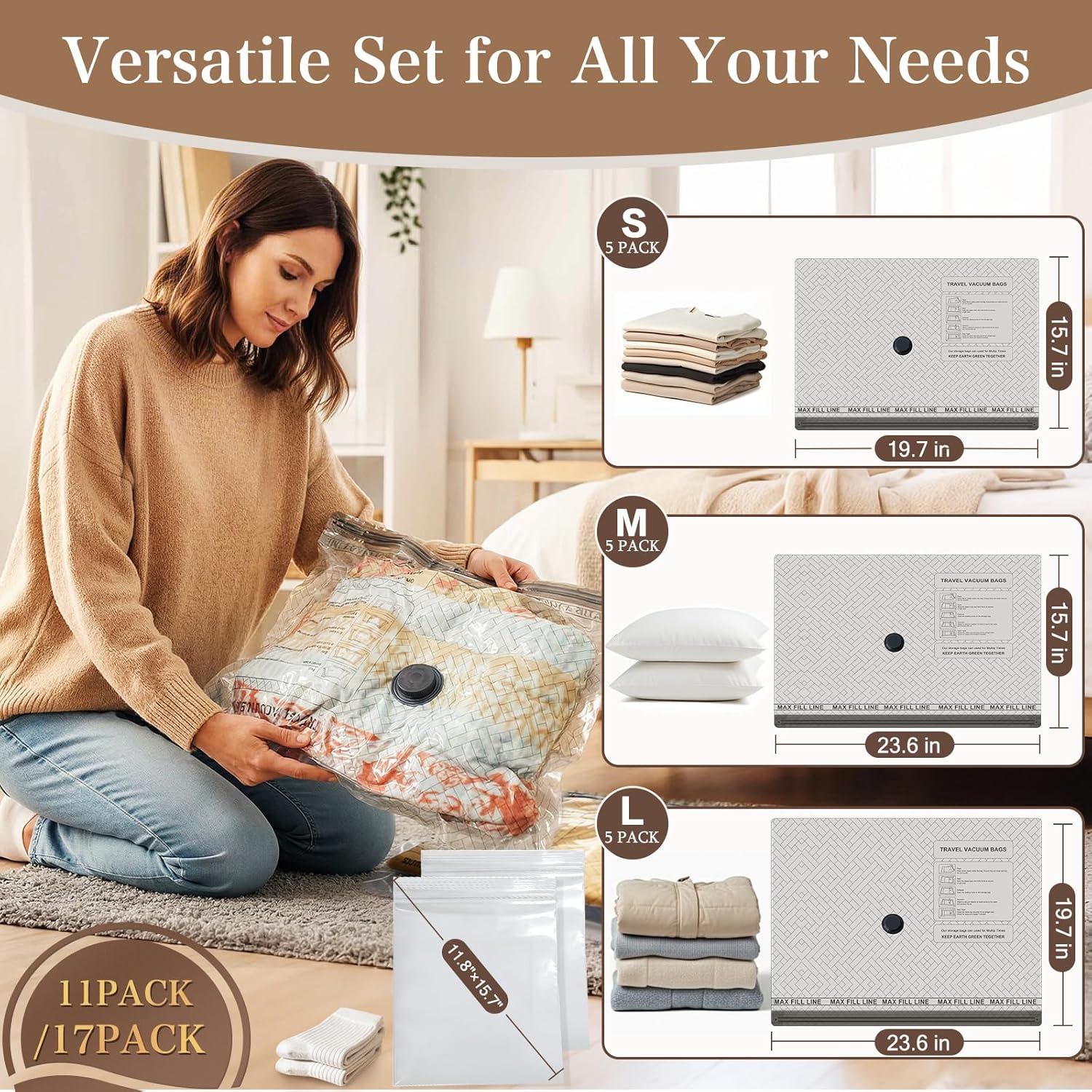 QcoQce Vacuum Storage Bags - Rechargeable Electric Pump for Space-Saving Travel & Seasonal Storage | Ideal for Clothing & Bedding