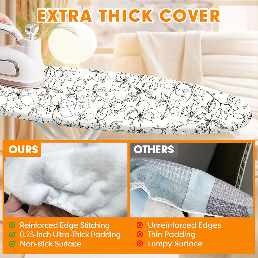 Skiennix Ironing Board Cover - Thick, Scorch & Stain Resistant Pad | 15x54 Floral White Design