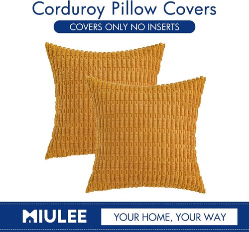 MIULEE Corduroy Throw Pillow Covers - Soft Boho Striped Design | 18x18 Inch, Gold Yellow for Modern Home Decor