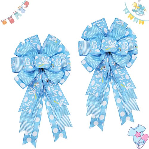 Montekin Large Baby Shower Bows - 20x11 Inch Wired Burlap Wreath Bow for Boys & Girls | Spring Decor (Blue)