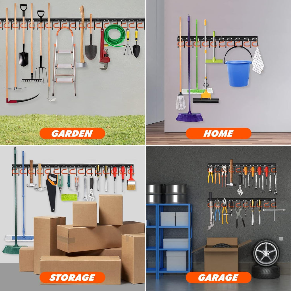 TVKB 17'' Adjustable Metal Garden Tool Organizer - Heavy Duty Wall Mount Storage with Hooks