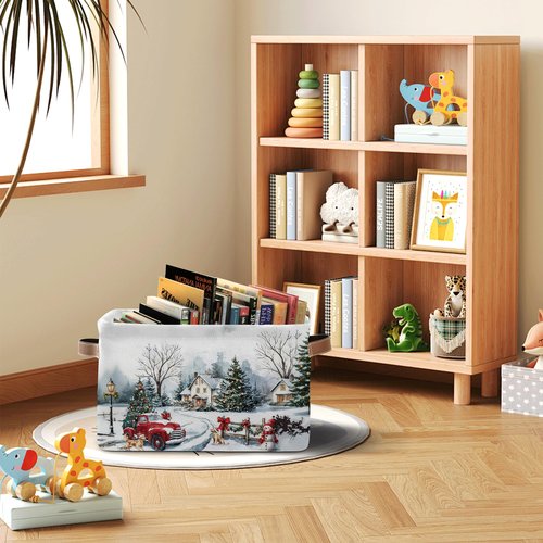 Christmas Tree Red Truck Basket - Merry Christmas Storage Bin Collapsible - Xmas Winter Snowman Snowflake Golden Retriever Dog Basket - Xmas Large Baskets for Kids Clothes, Gifts, Books, Toys
