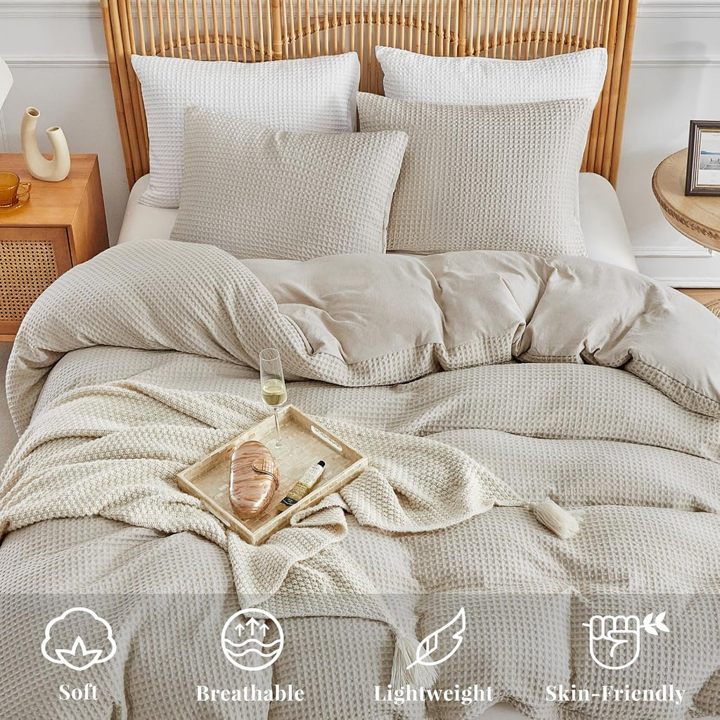 WARMDERN Waffle Weave Duvet Cover Set - Soft & Breathable Queen Size Bedding in Khaki | 3-Piece Microfiber Set