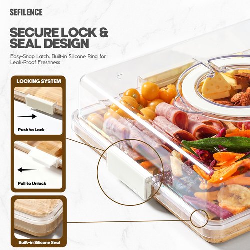 Charcuterie Board with Clear Locking Lid and Handle, 6 Compartment Bamboo Cheese Board Snackle Box, Portable Cutting Board for Snacks, Fruits&Meats, Ideal Gift for Parties, Birthday& House Warming