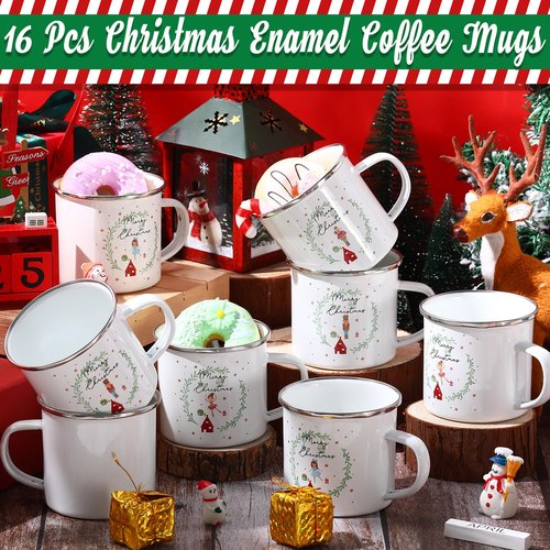 Mifoci 16 Pcs Christmas Enamel Coffee Mugs with Silver Rim - 12oz Xmas Hot Chocolate Mugs for Winter Gifts
