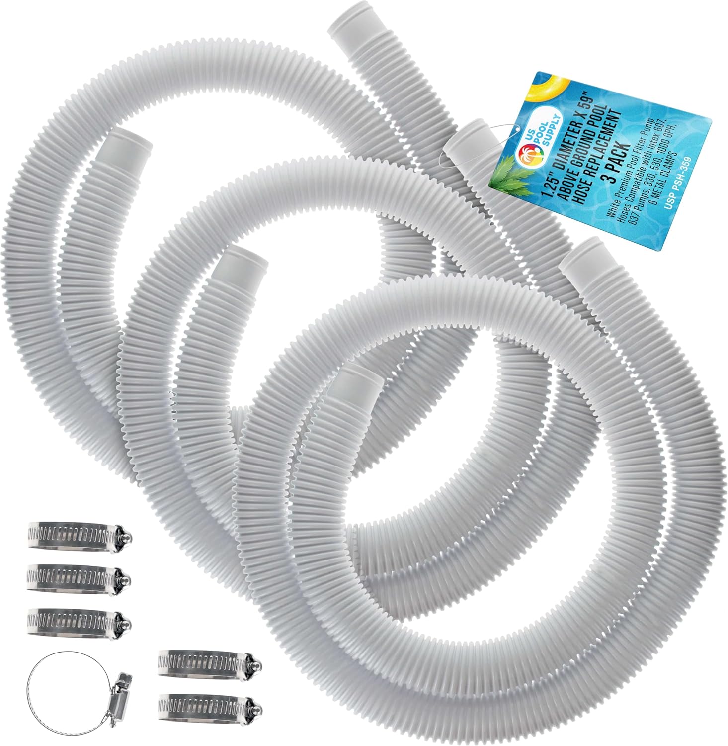 U.S. Pool Supply Above Ground Pool Hose Replacement - 1.25" Diameter x 59" Long, Pack of 3 | Premium White Filter Pump Hoses with 6 Metal Clamps for Intex Pumps