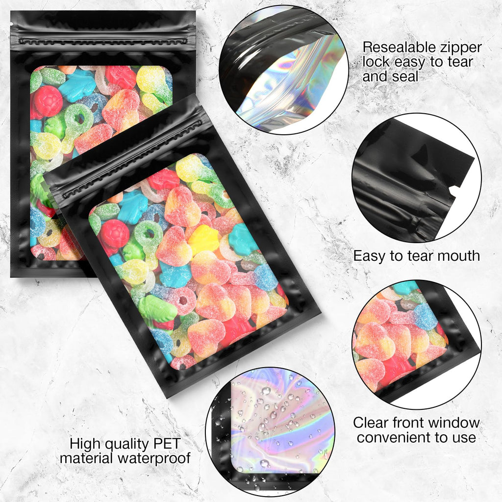 Marspark 200 Pieces Foil Bags 3 x 4.7 Inch Resealable Foil Bags with Clear Window Zipper Lock Black Packaging Pouch for Food Storage Sample Beans Cookies Jewelry Supplies(3 x 4.7 Inch)