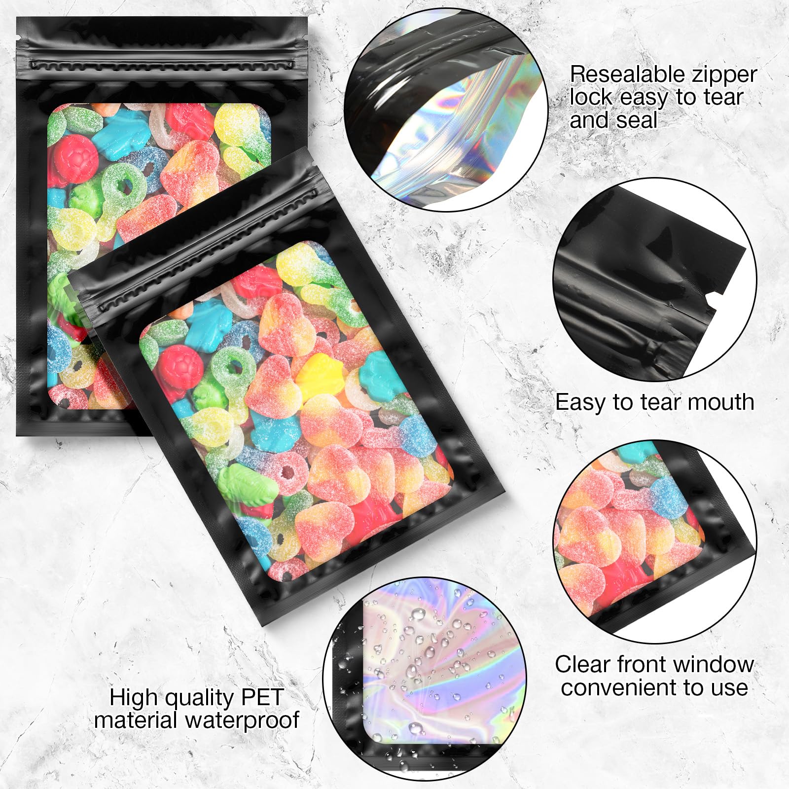 Marspark 200 Pieces Foil Bags 3 x 4.7 Inch Resealable Foil Bags with Clear Window Zipper Lock Black Packaging Pouch for Food Storage Sample Beans Cookies Jewelry Supplies(3 x 4.7 Inch)