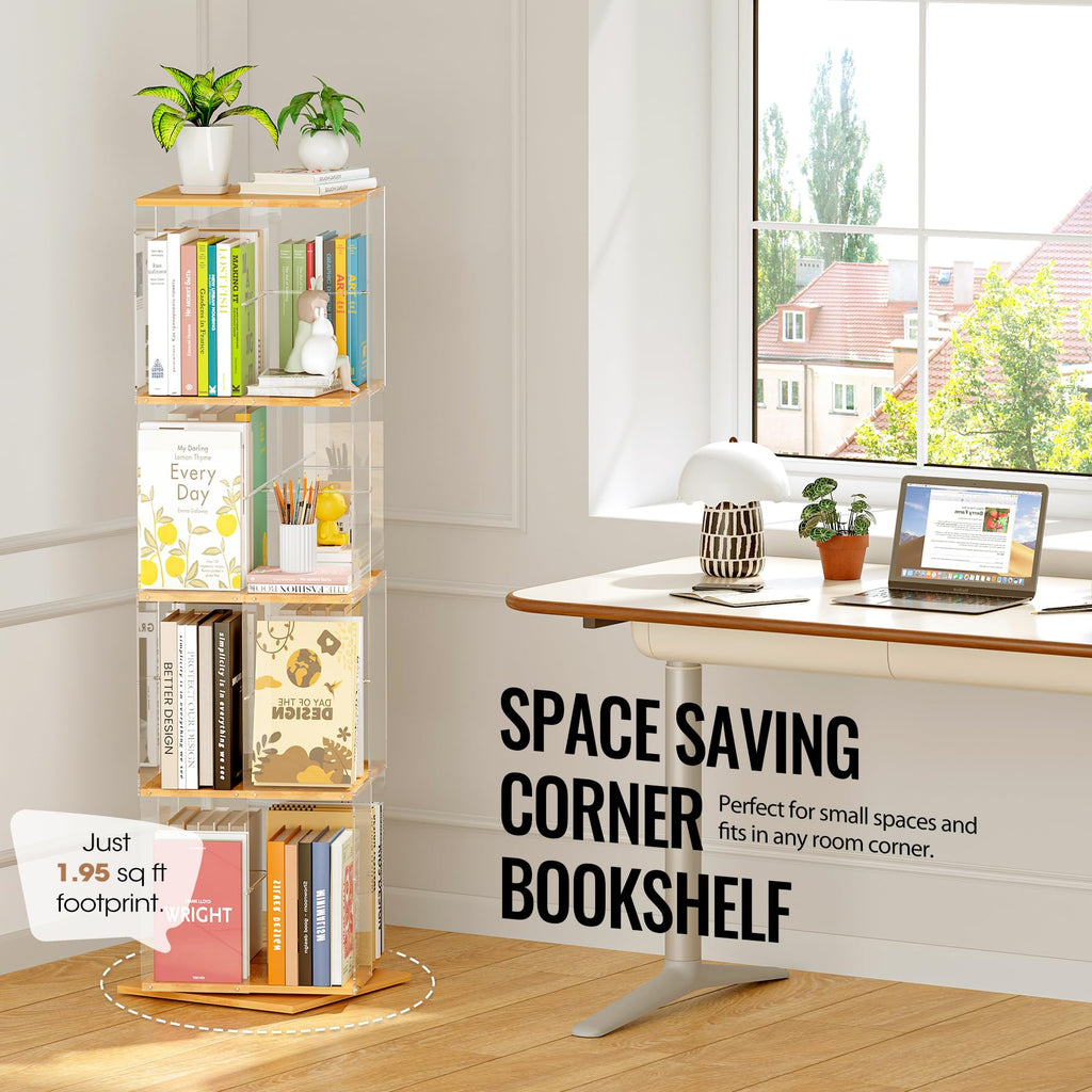 TAKEKIT Rotating Bookshelf, 360 Degree Revolving Bookcase, 4-Tier Spinning Bookshelf, Clear Acrylic & Solid Wood Rotating Bookcase for Kid’s Playroom, Bedroom and Living Room, Square
