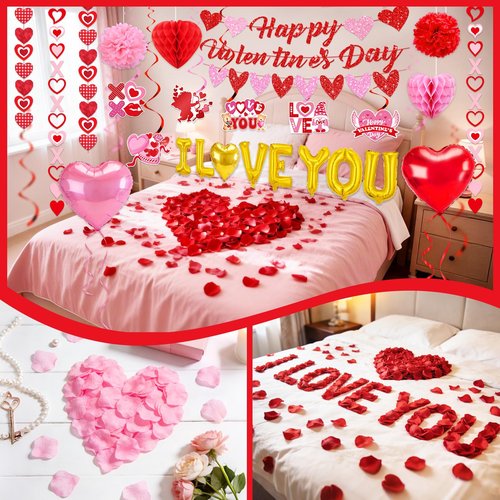 Valentines Day Decorations for Party Set Happy Valentines Day Banner Heart Valentine Garland Banner Red Pink Heart Honeycombs 1000Pcs Plastic Petals Hanging Swirls Valentines Day Balloons