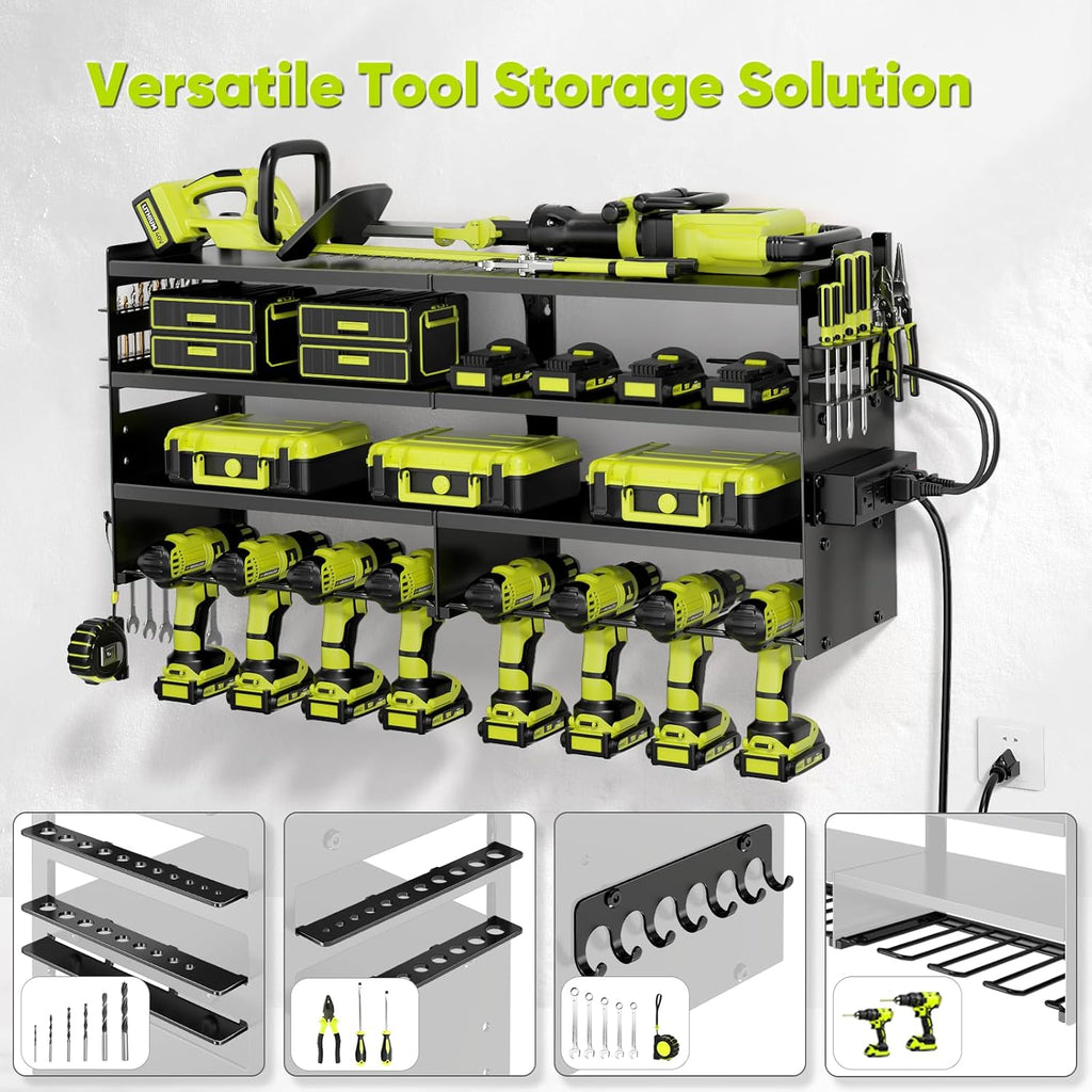 POKIPO Large Power Tool Organizer - Heavy Duty Wall Mount Storage Rack with Charging Station | Holds 600lbs