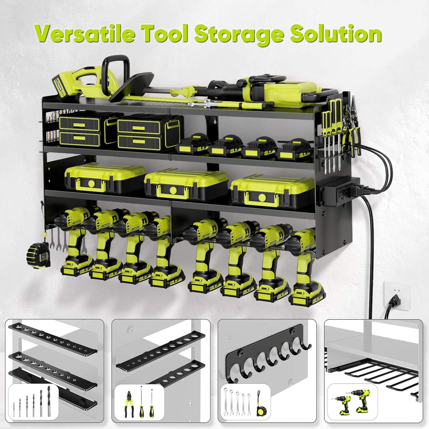POKIPO Large Power Tool Organizer - Heavy Duty Wall Mount Storage Rack with Charging Station | Holds 600lbs