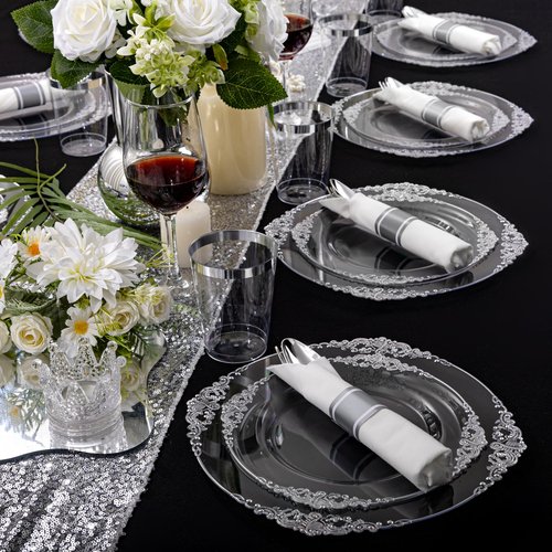 Morejoy 350PCS Clear Silver Plastic Plates - Silver Disposable Plates sets Include 50 Dinner Plates,50 Salad Plates,50 Forks,50 Knives, 50 Spoons，50 Cups, 50 Rolled Napkins for Wedding & Christmas