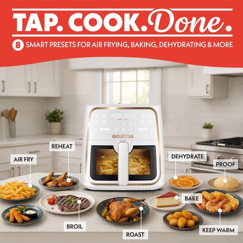 Gourmia 8 Qt Air Fryer - Digital Display, 8 Cooking Presets, FryForce 360° Technology, White