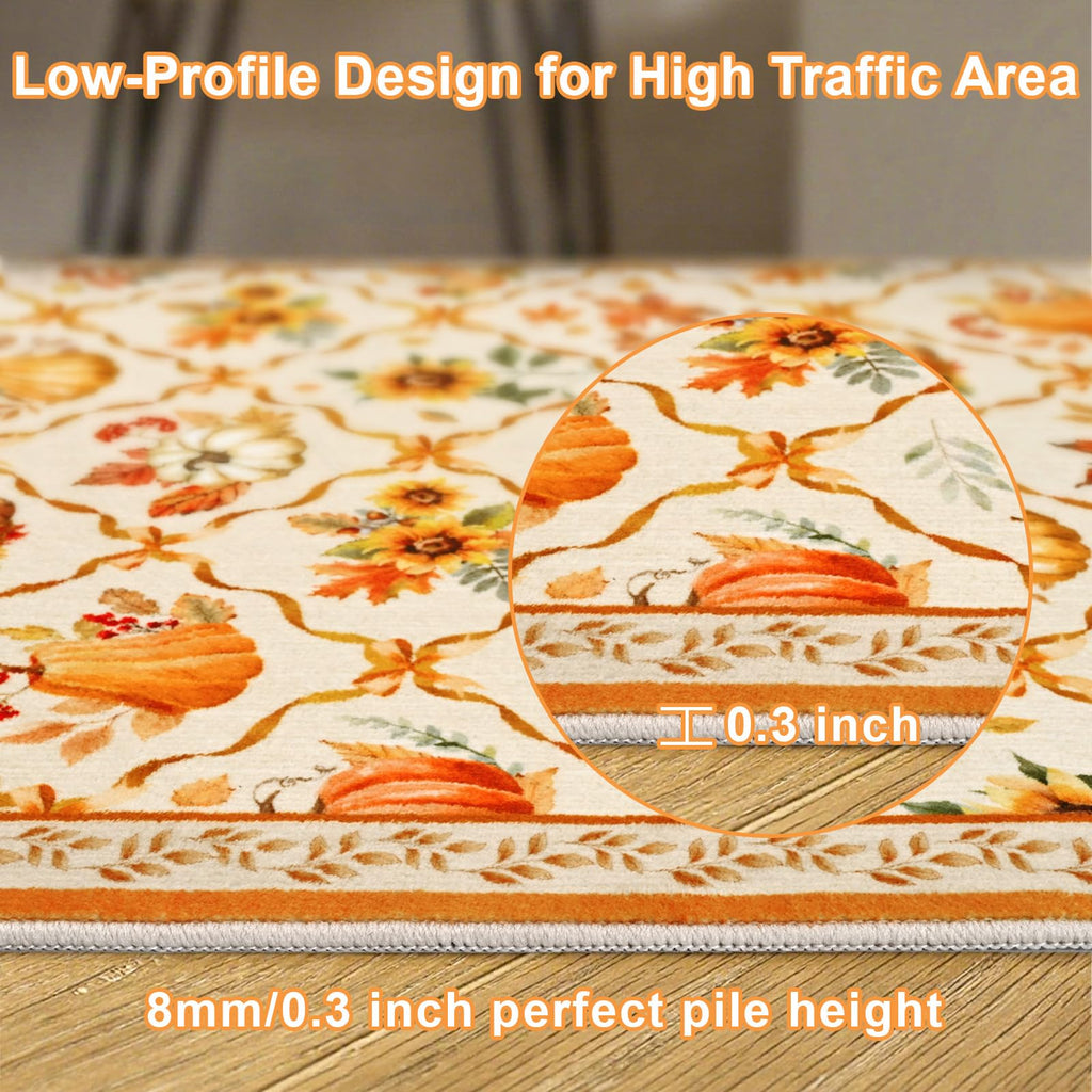 Likiyol Fall Area Rug 3x5 Rugs for Bedroom, Non Slip Washable Rugs for Living Room Soft Faux Cashmere Thanksgiving Pumpkin Bedroom Rug Low Profile Throw Rugs for Dining Room, Kids Room Decor, Beige