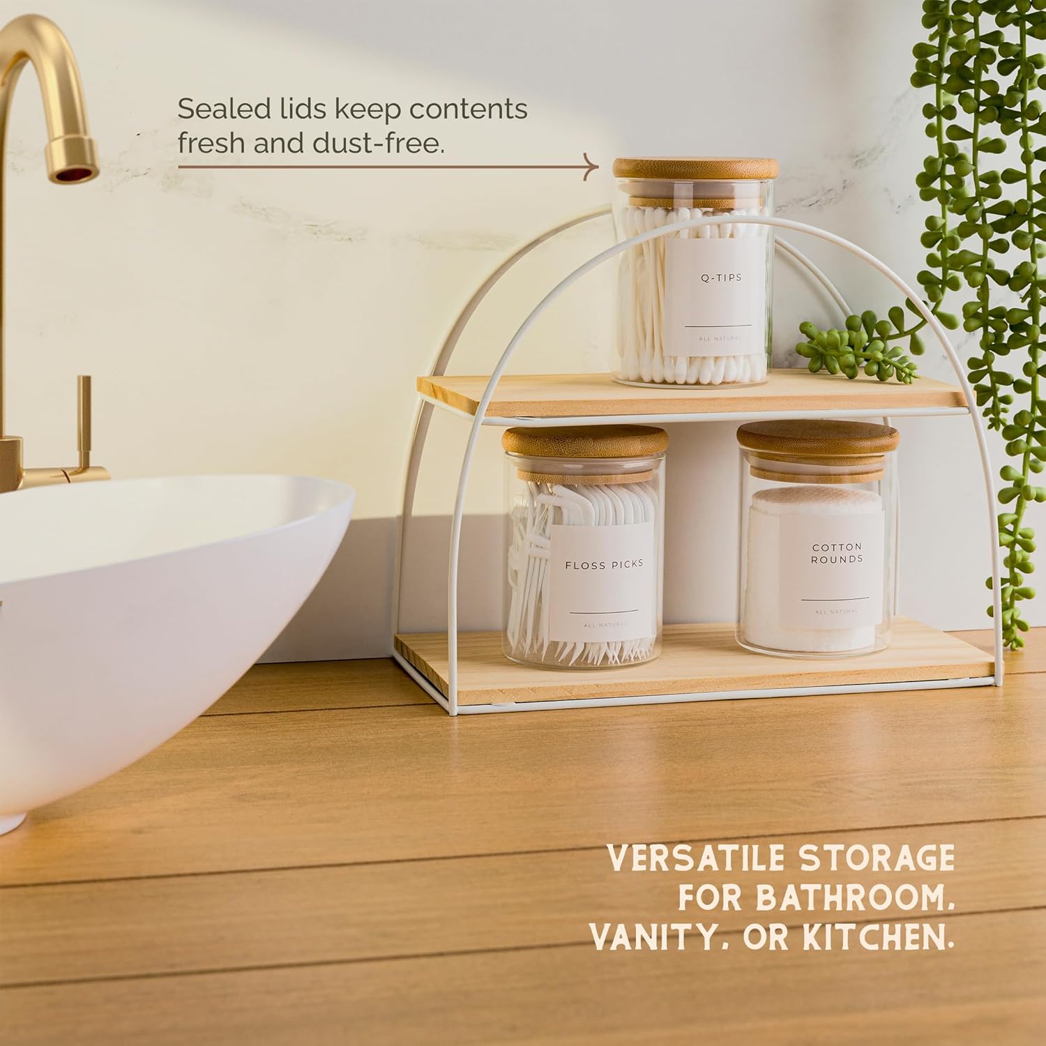 Vase and Vessel Mini Glass Apothecary Jars - Bamboo Lids for Stylish Storage | Set of 3, 10 oz Clear
