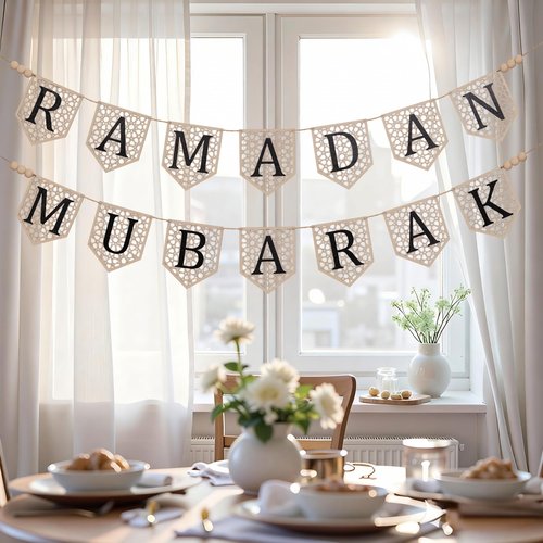2 Pcs Ramadan Mubarak Banner, Wooden Eid Ramadan Mubarak Decorations with Rustic Beads, Muslim Party Decor for Home, Mantel, Fireplace, Indoor or Outdoor Celebration (Black Letters)