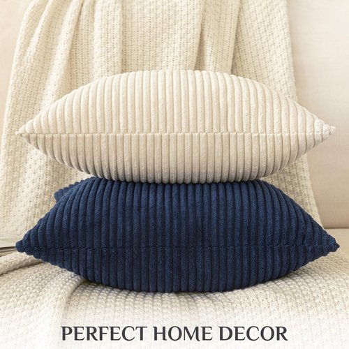 Softalker Throw Pillow Covers 18 x 18, Set of 2 - Cream Spring Decorative Soft Corduroy Striped Boho Beige Pillow Covers, White Cushion Pillow Cases for Farmhouse Decor, Couch, Easter, Bed Living Room