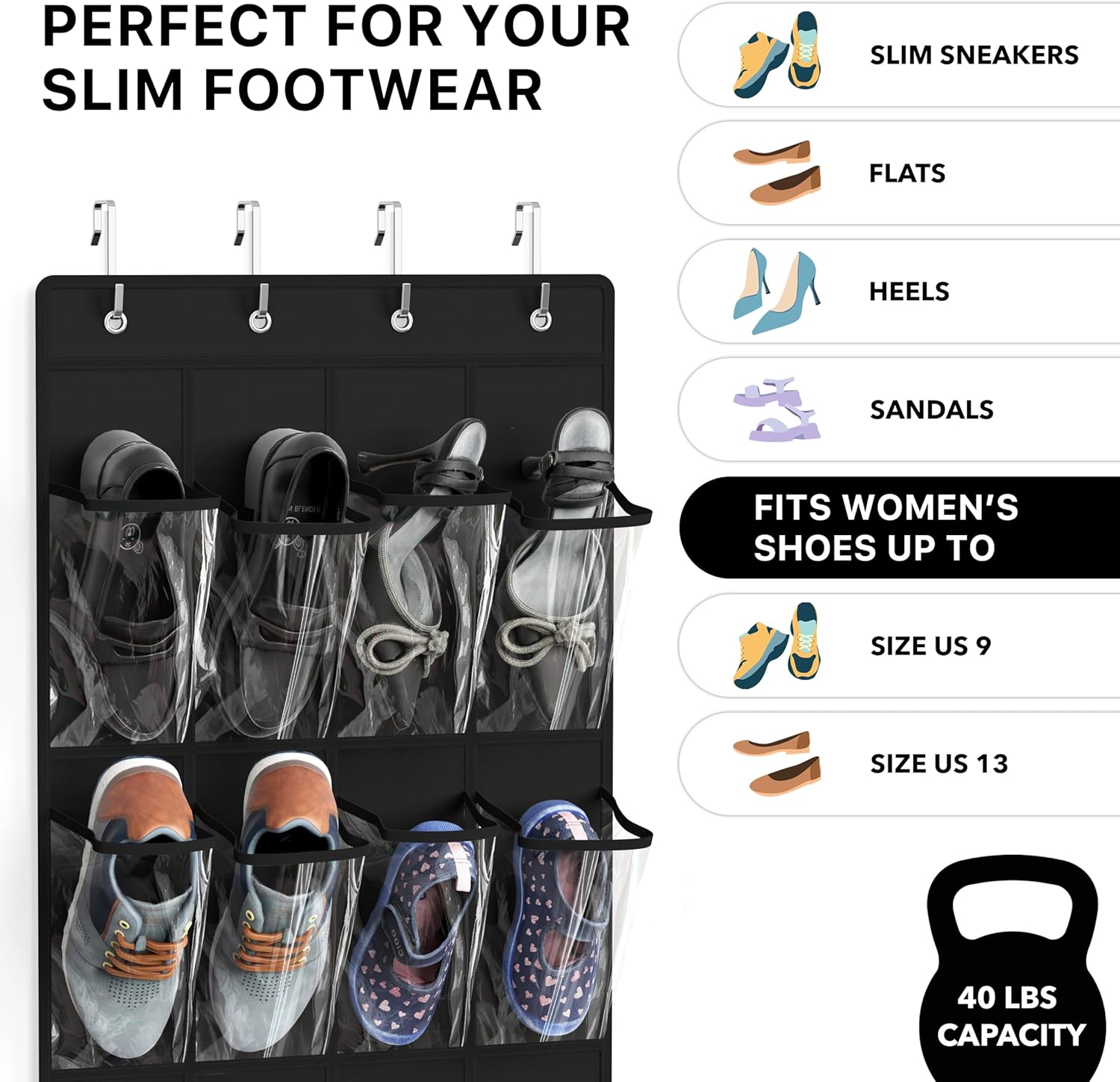Simple Houseware 24-Pocket Over The Door Shoe Organizer - Crystal Clear, Black (64'' x 19'')